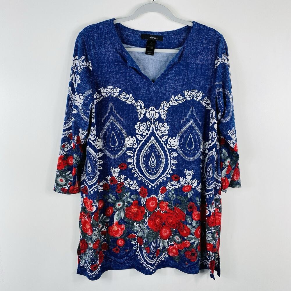 Ali Miles Tunic Top Small Floral Art To Wear 3/4 Sleeve V-Neck Boho Casual